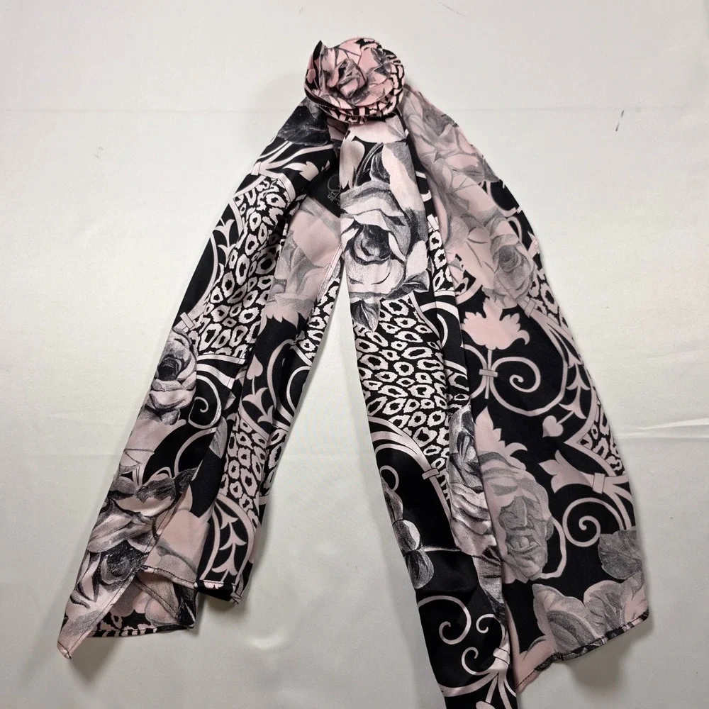 St. John Silk Scarf Pink Black Floral Leopard Print Fabric Rose Detail Stole